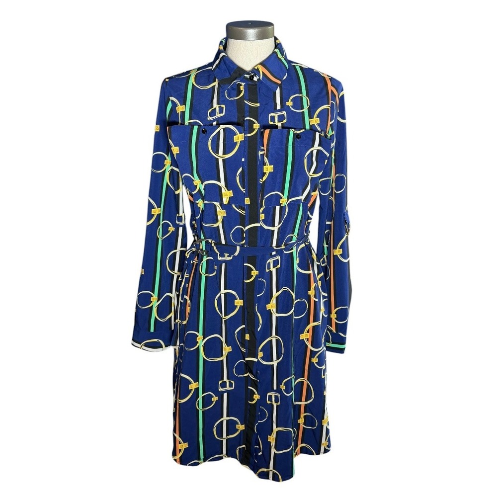 Interrupted Womens Blue Equestrian Chain Print Stripe Belted Shirt Dress Size M